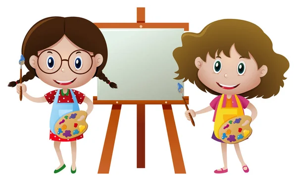 Duas meninas pintura na lona —  Vetores de Stock
