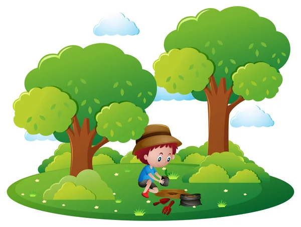 Junge pflanzt Baum im Park — Stockvektor