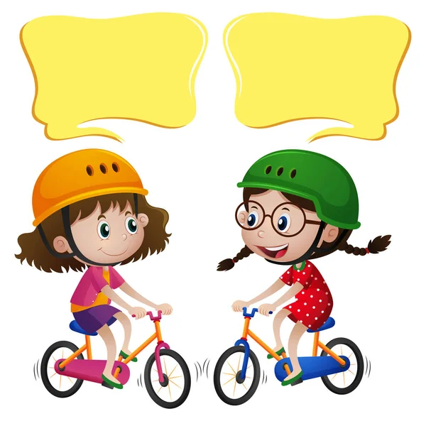 Plantilla de burbuja de habla con dos chicas en bicicleta — Vector de stock