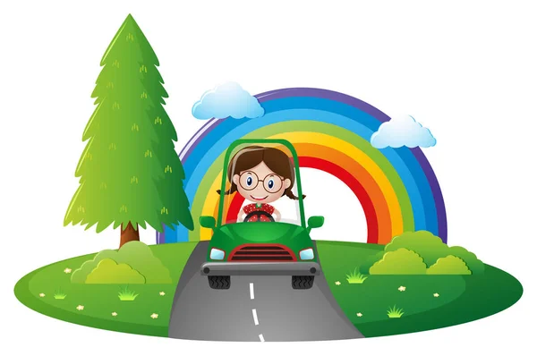 Dívka jízda zelené auto na silnici — Stockový vektor