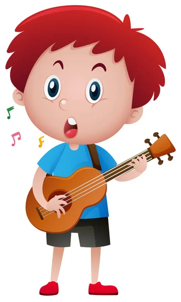 Хлопчик співає під час гри на гітарі — стоковий вектор