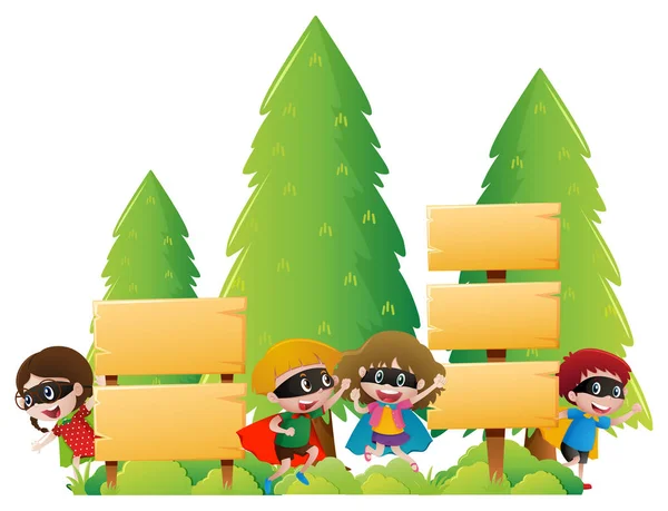 Carteles de madera y niños en el parque — Vector de stock