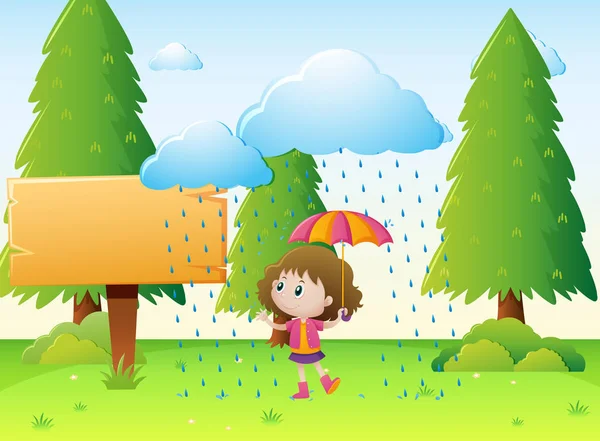 Plantilla de letrero de madera con chica bajo la lluvia — Vector de stock