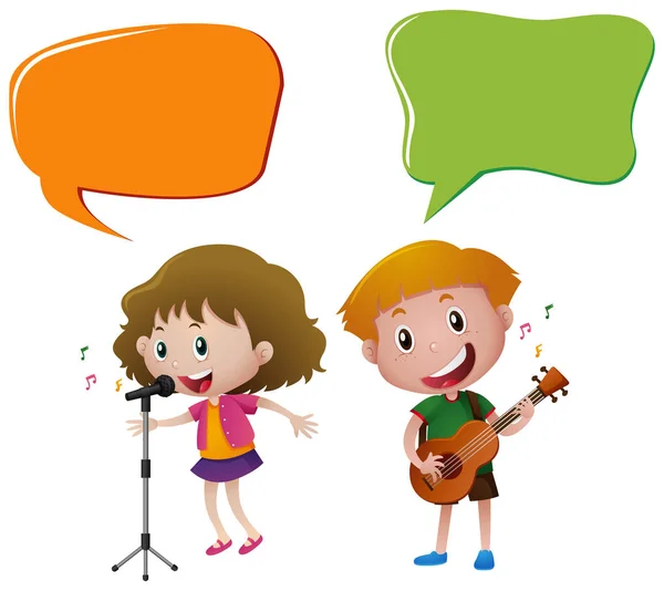 Modèle de bulle de parole avec des enfants chantant et jouant de la guitare — Image vectorielle