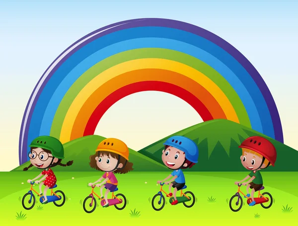 Четверо детей катаются на велосипеде в парке — стоковый вектор