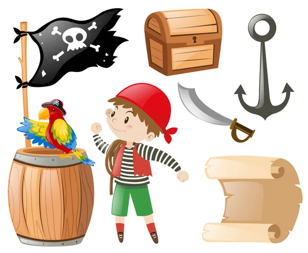 Conjunto de piratas com muitos itens e piratas — Vetor de Stock