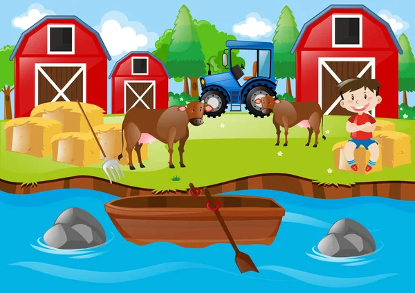 Granja escena con niño y toros por el arroyo — Vector de stock