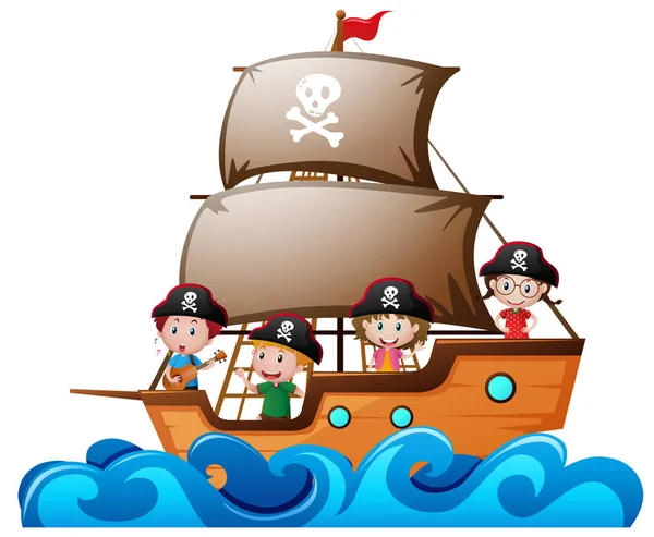 Vier Kinder spielen Piraten im Schiff — Stockvektor