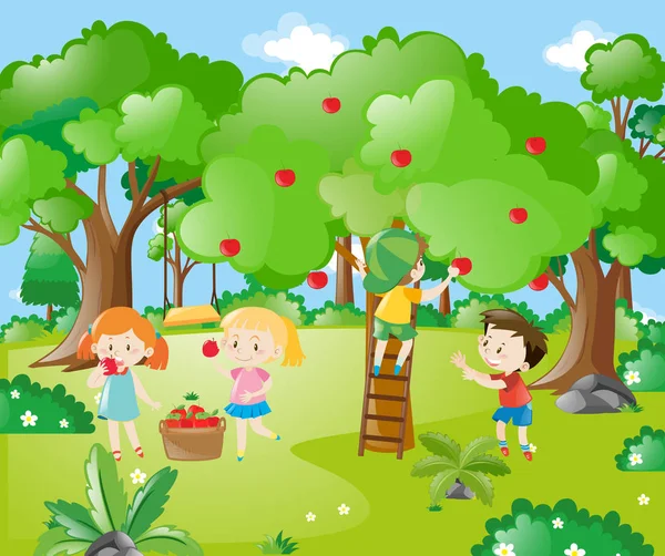 Scène de ferme avec des enfants cueillant des pommes — Image vectorielle