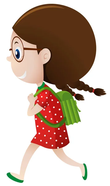 Menina em vermelho carregando mochila verde — Vetor de Stock