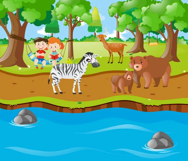 Crianças e animais junto ao rio — Vetor de Stock