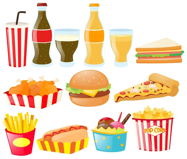 Ensemble Fastfood avec différents types d'aliments et de boissons — Image vectorielle