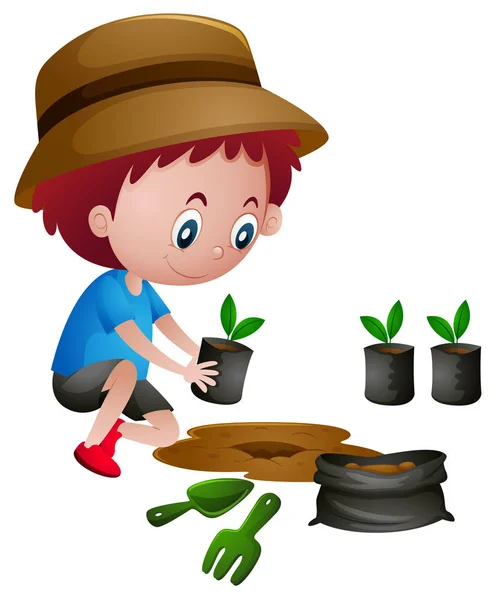 Boy planting trees in the ground Vector Graphics