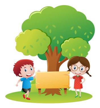 Erkek ve kız bahçede ahşap işaretiyle