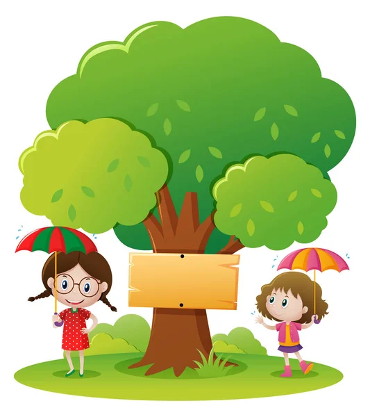 Дві дівчини з парасолькою в парку — стоковий вектор