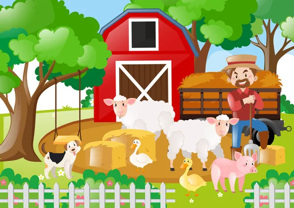 Сцена с фермером и многими животными — стоковый вектор