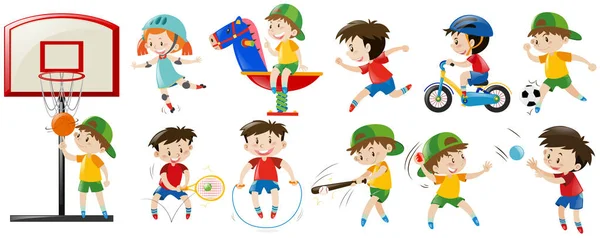 Niños jugando diferentes deportes y juego — Vector de stock