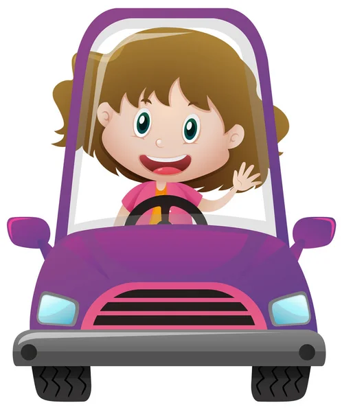 Fille heureuse conduisant en voiture violette — Image vectorielle