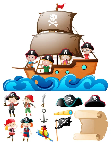 Пиратский набор с детьми на корабле и другими элементами — стоковый вектор