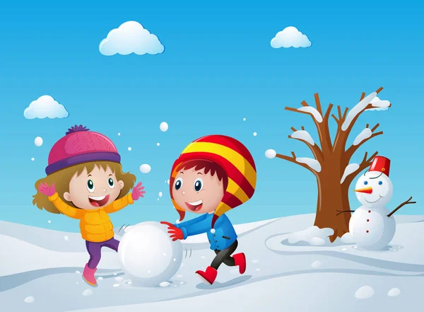 Crianças brincando no campo de neve — Vetor de Stock