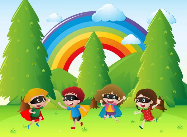 Niños jugando héroe en el parque — Vector de stock