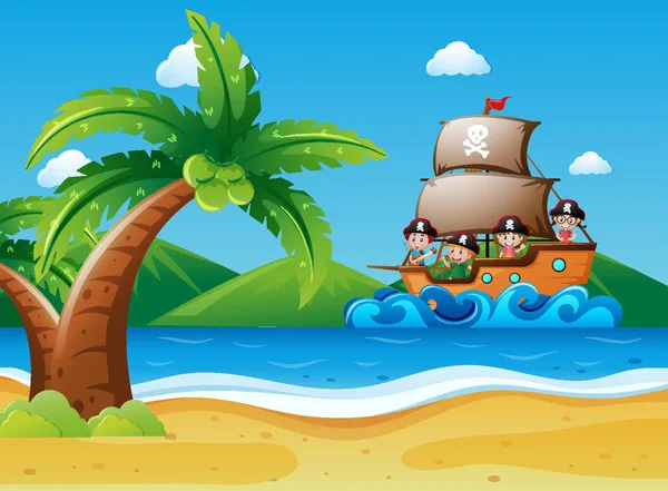 Bambini a bordo di navi pirata — Vettoriale Stock