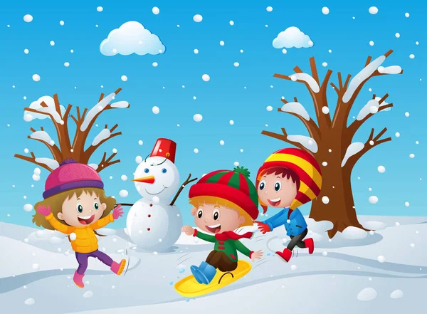 Tres niños jugando en la nieve — Archivo Imágenes Vectoriales