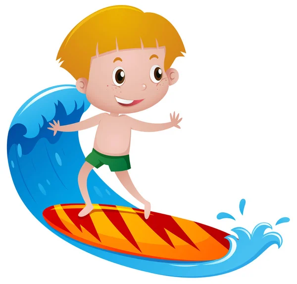 Junge auf Surfbrett spielt auf der großen Welle — Stockvektor