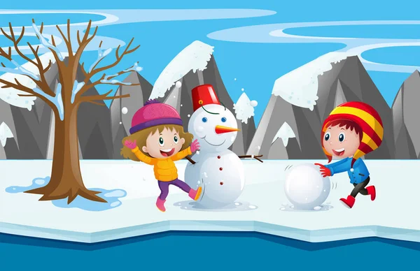 Dos niños jugando con el muñeco de nieve — Archivo Imágenes Vectoriales
