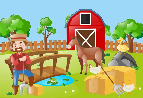 Agricultores y animales en el campo agrícola — Vector de stock