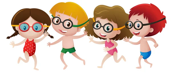 Four kids wearing swimming goggles — Stock Vector