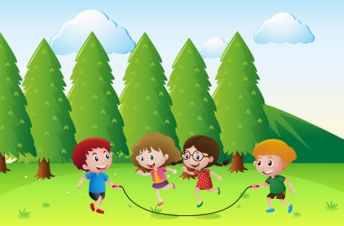 Scene with children playing rope in park clipart