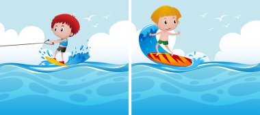 İki erkek su kayağı ve sörf oynamak