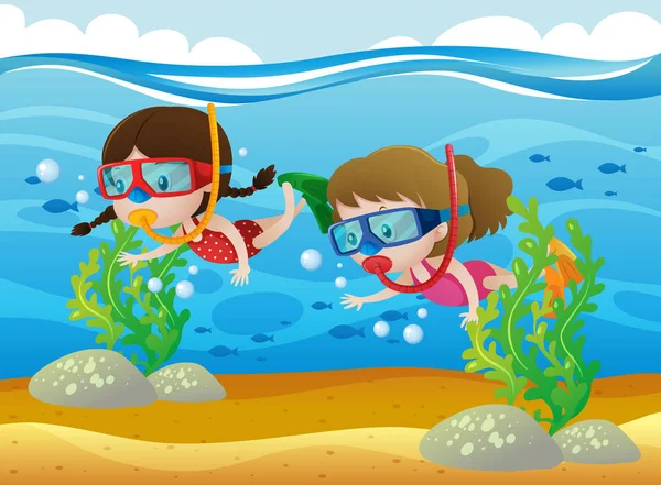 Dos chicas buceando bajo el mar — Vector de stock