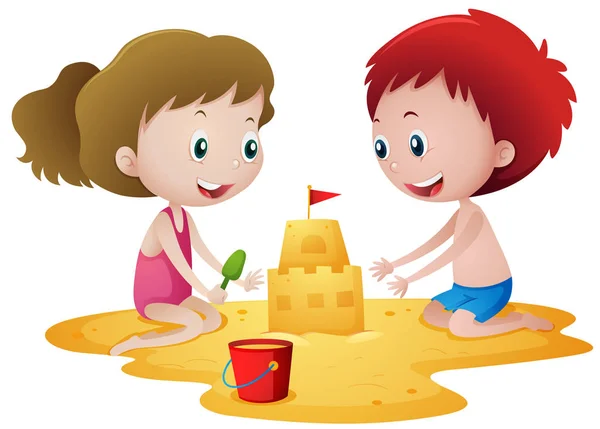 Duas crianças brincando com o Sandcastle — Vetor de Stock