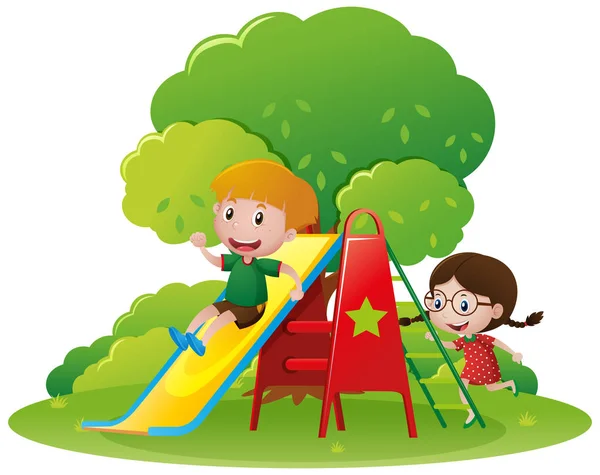 Niños divirtiéndose en la diapositiva — Vector de stock