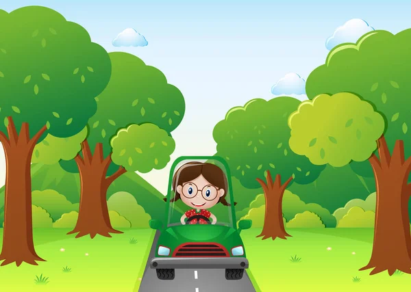 Meisje groene auto rijden in het park — Stockvector