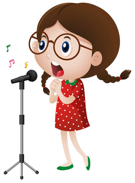 Happy girl singing on microphone