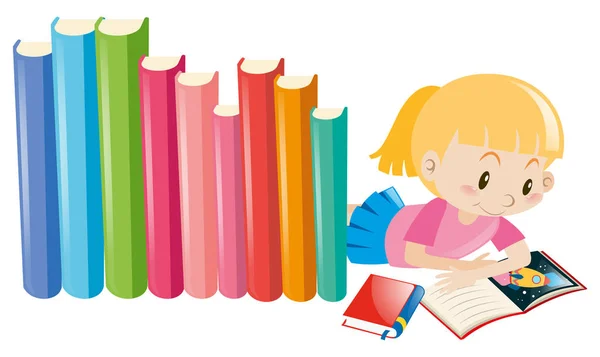 Menina lendo livro de histórias sozinho —  Vetores de Stock