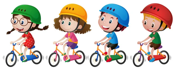 Cuatro niños montar en bicicleta con casco en — Vector de stock