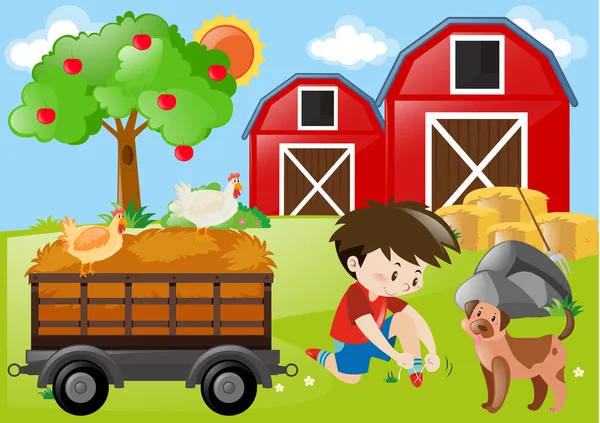 Granja escena con niño y perro en el campo — Vector de stock