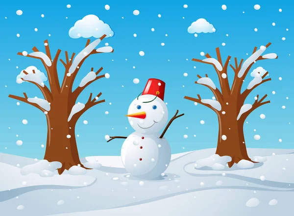Snowman in the middle of the snow ground — Stock Vector