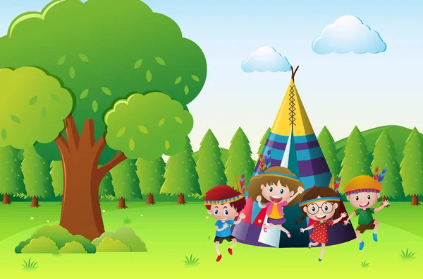 Dzieci bawiące się z Indianami w parku — Wektor stockowy