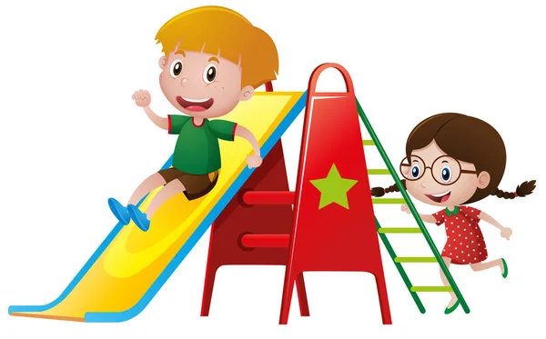 Niño y niña jugando en la diapositiva — Vector de stock