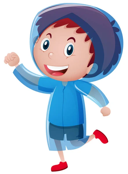 Menino feliz vestindo capa de chuva azul — Vetor de Stock