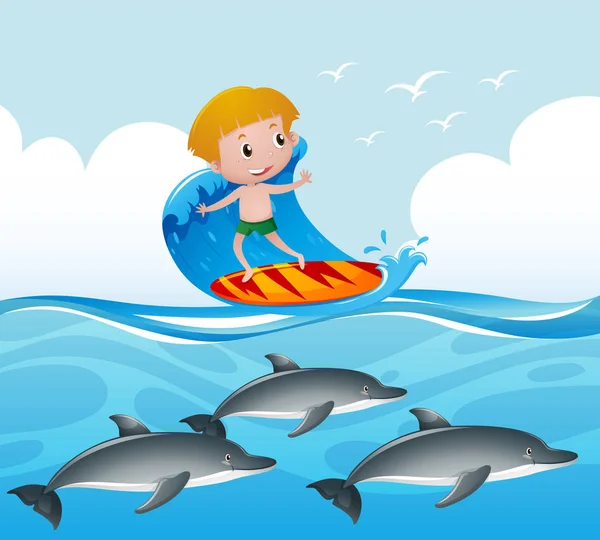 Szene mit Junge auf Surfbrett und Delfin unter Wasser — Stockvektor
