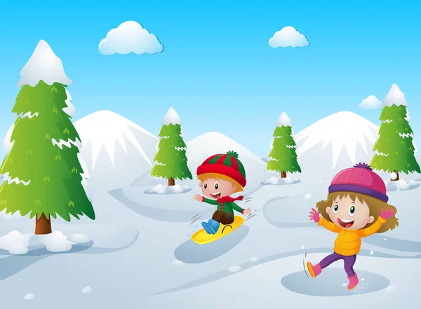 Dos niños jugando con nieve — Vector de stock