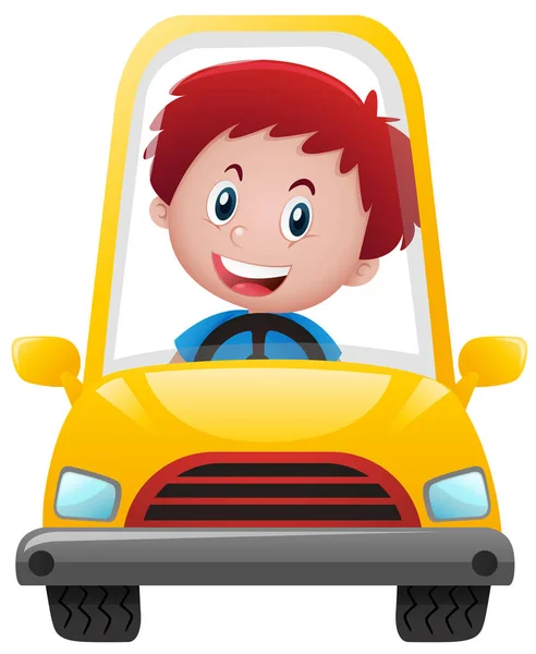 Garçon conduisant sur voiture jaune — Image vectorielle