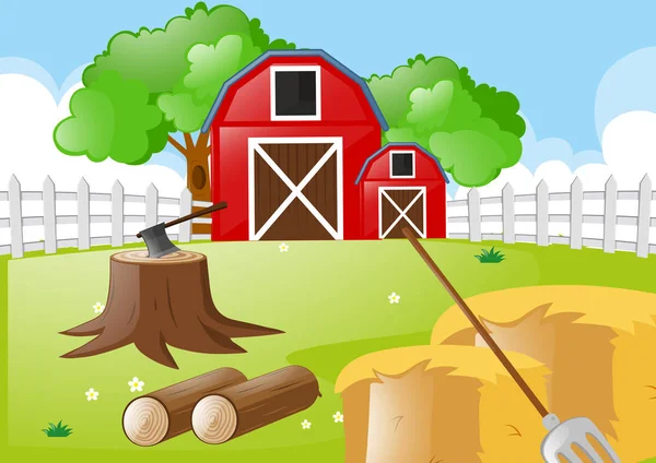 Scène de ferme avec des outils sur le terrain — Image vectorielle