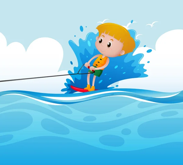 Escena con chico haciendo esquí acuático — Vector de stock